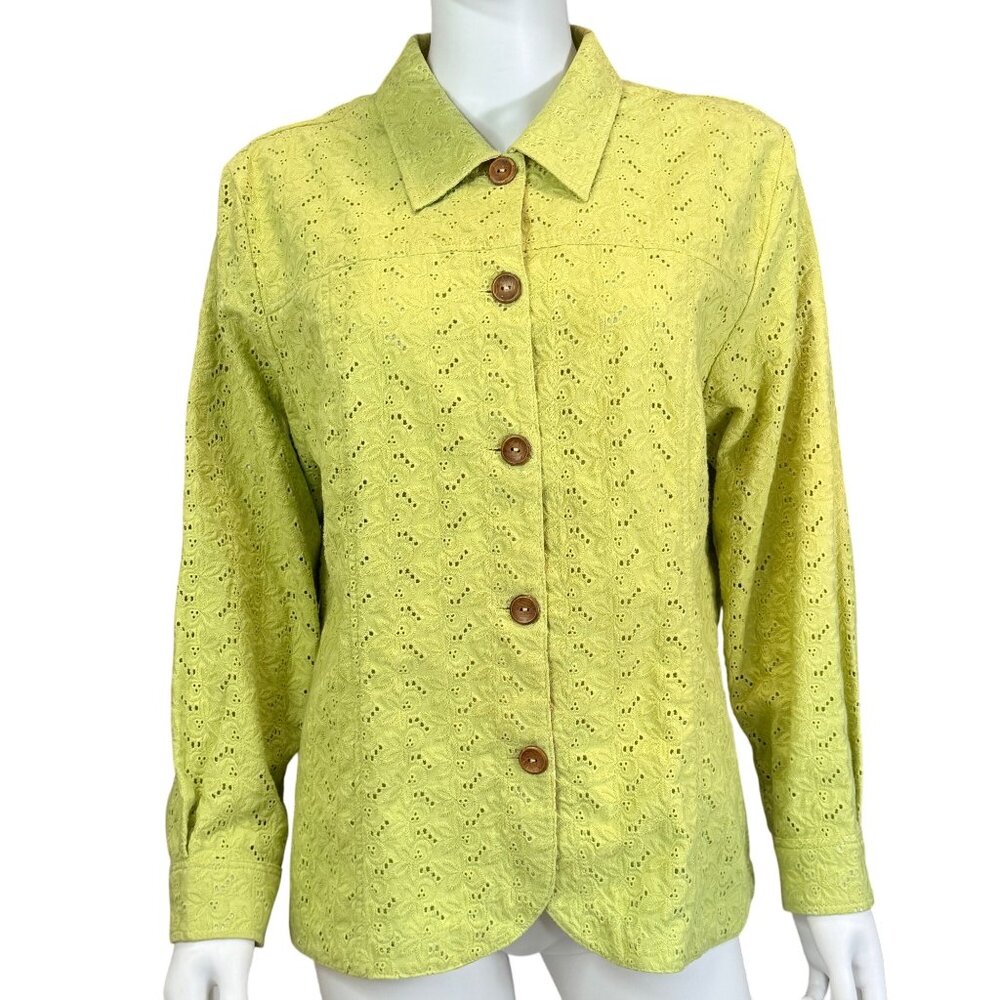 COLDWATER CREEK Shirt Womens M Green Cotton Eyelet Button Front Long Sleeve